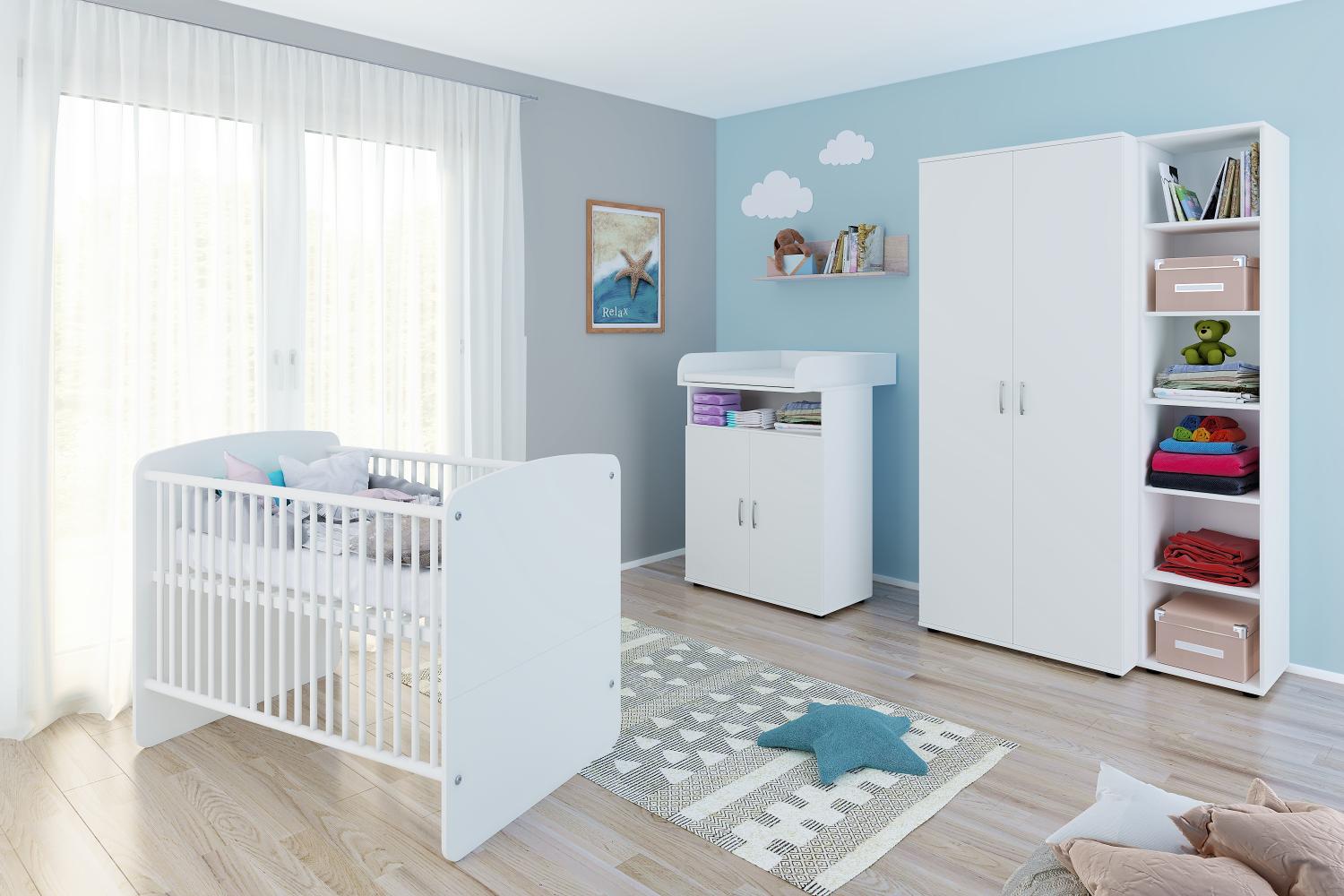 Lunis Set 5: best. aus Babybett, Kommode, Wickelaufsatz, Wandboard, Regal mit 6 Fächern und Kleiderschrank 2-trg. Bild 1