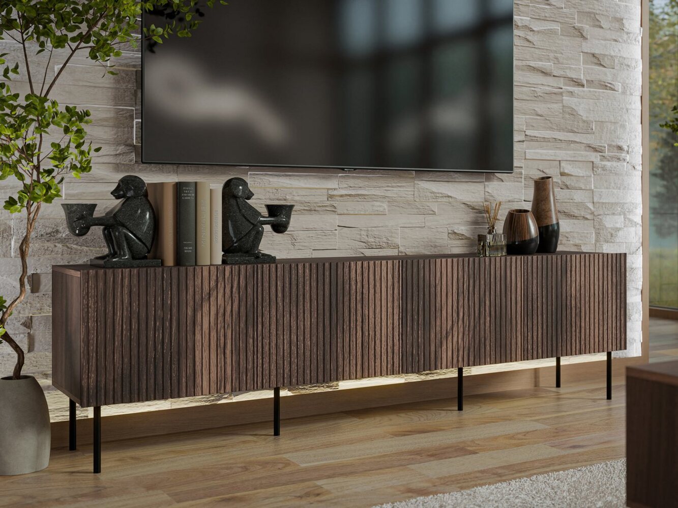Mirjan24 'Trigev 200 4D' TV-Lowboard mit 4 Drehtüren, Laminatplatte nuss Warmia, 58 x 40 x 201 cm Bild 1