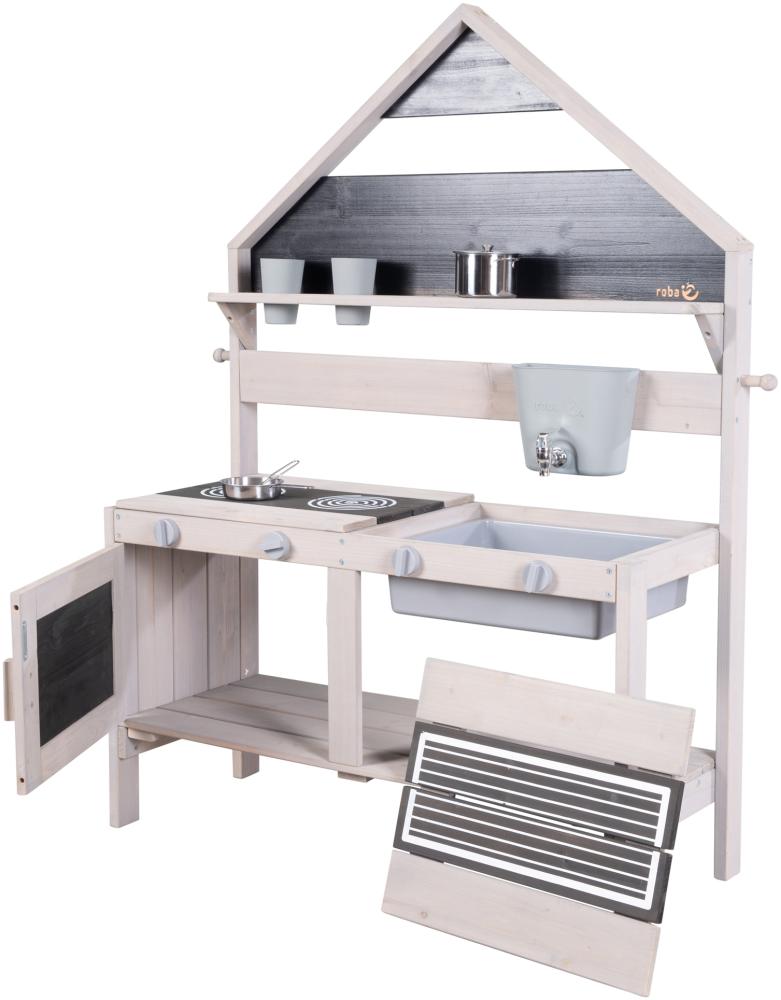 Roba Matschküche in Hausoptik mit Zubehör, FSC-zertifiziertes Massivholz, grau lasiert, 89 x 34 x 124 cm Bild 1