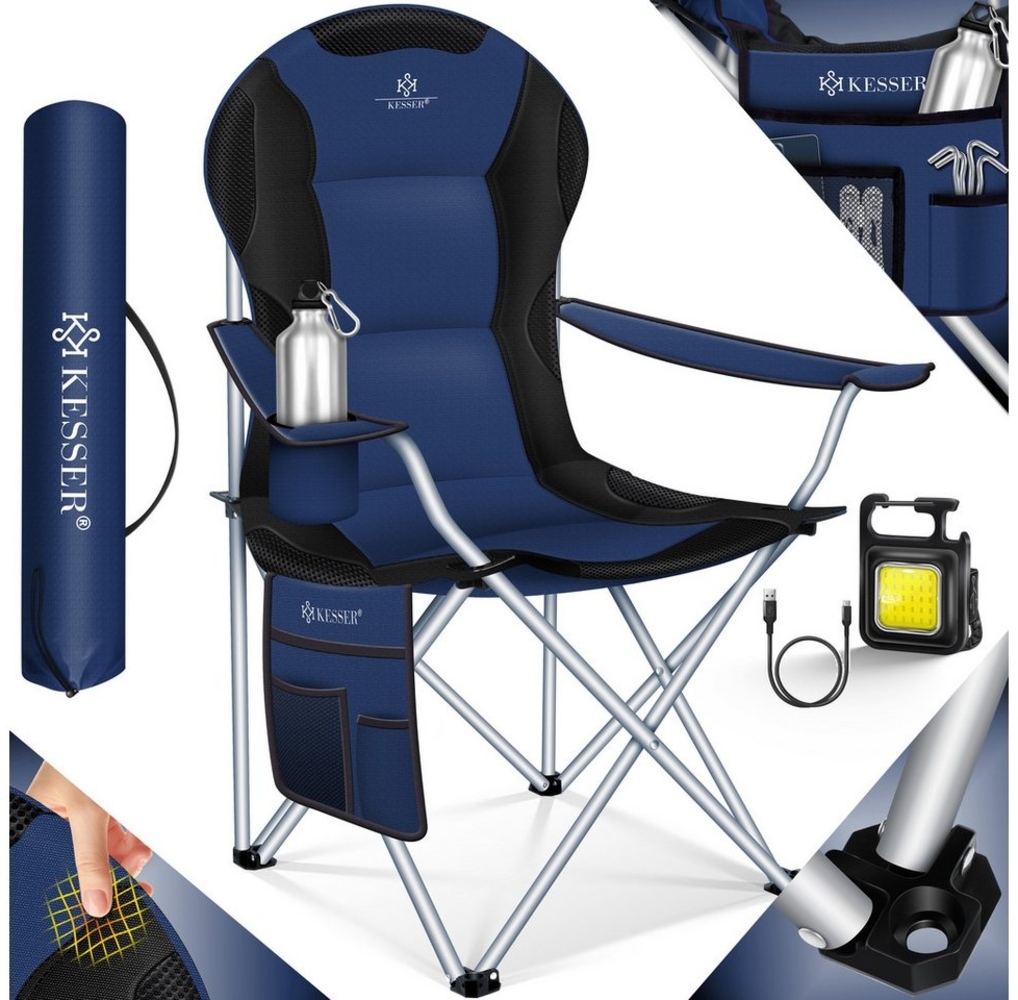 KESSER® Campingstuhl faltbar bis 150 kg Angelstuhl Faltstuhl Klappstuhl Gepolstert mit Armlehnen, Campinglicht und Getränkehalter + Tasche mit hoher Rückenlehne, Strandstuhl, Klapphocker Navyblau / Schwarz Bild 1