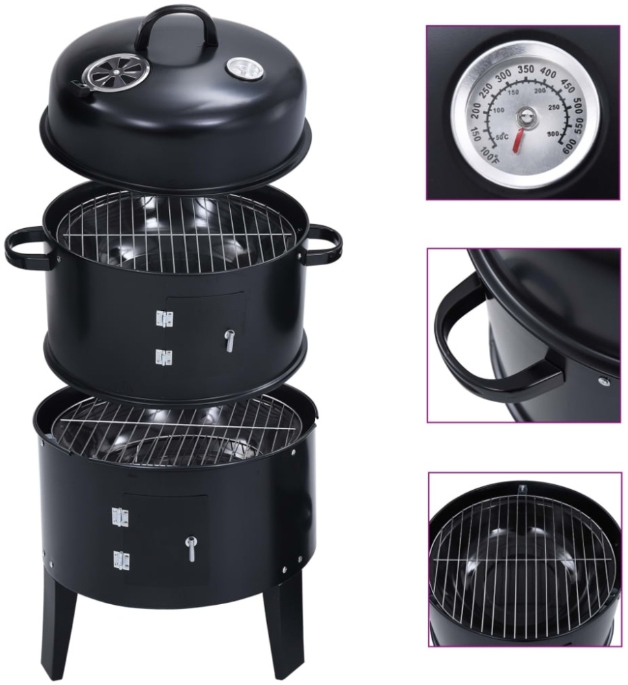 vidaXL 3-in-1 Holzkohlegrill mit Räucherofen, Stahl Schwarz, 40×80 cm Bild 1