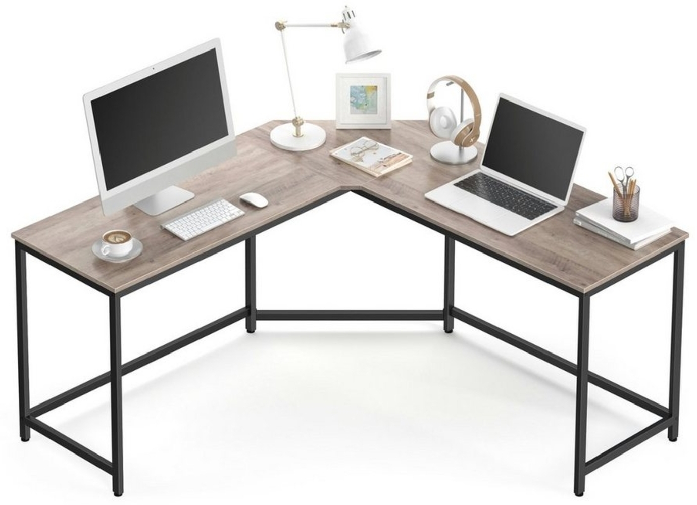 Vasagle Eckschreibtisch, L-förmiger Computertisch, Bürotisch, Arbeitszimmer, Homeoffice, Gaming, platzsparend, einfache Montage, Industrie-Design, greige-schwarz von Songmics, 75 x 149 x 149 cm Bild 1