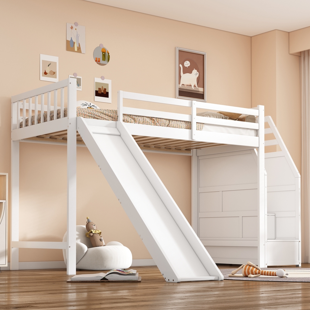 Merax 90*200cm, Hochbett, Kinderbett, mit Rutsche, Ablageleiter, weiß Bild 1
