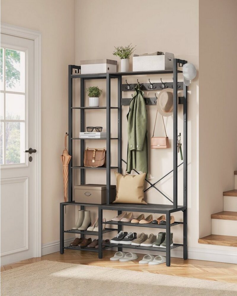 Vasagle Garderobenständer mit Schuhbank, Garderobe, 5 Regalebenen aus Spanplatten, 9 Dreifach-Haken, 6 seitliche Haken, Holzspanplatte, Stahl, steingrau-tintenschwarz, 40 x 120 x 190 cm Bild 1