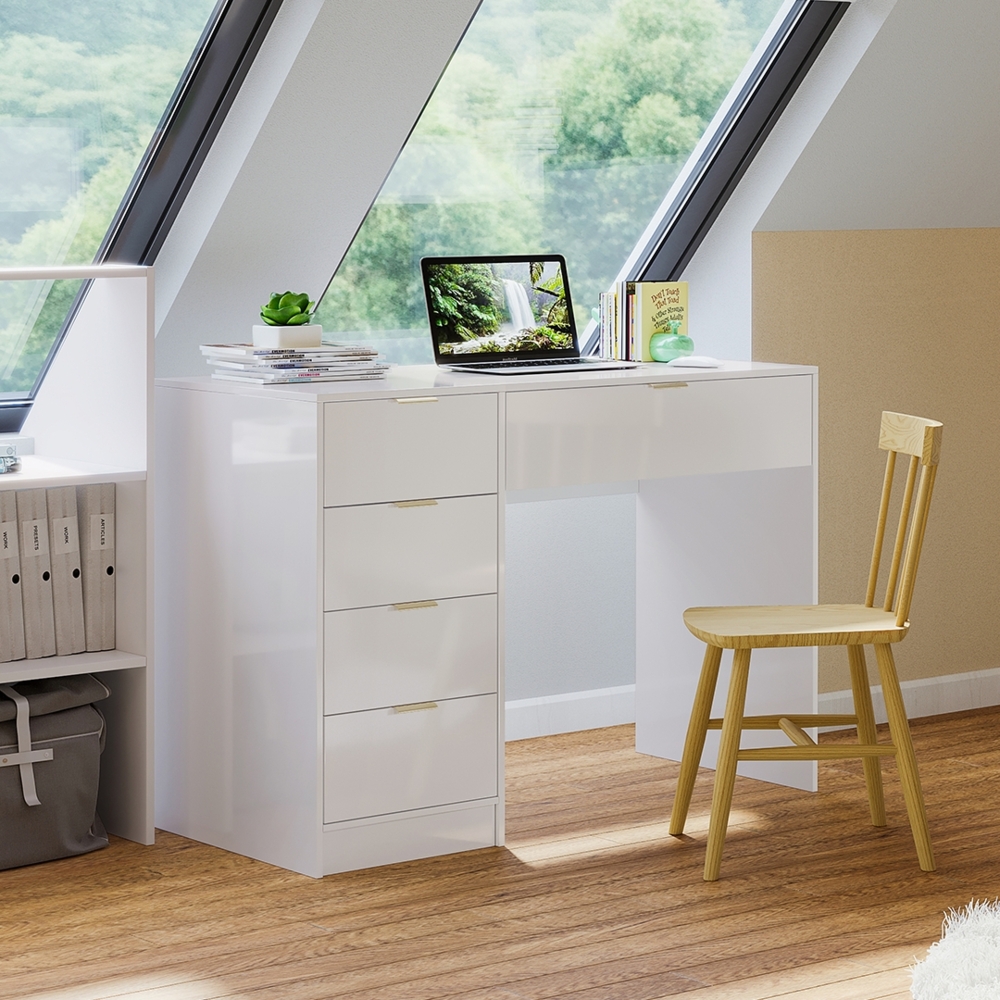 Bellamio 'Livny' Schreibtisch mit 5 Schubladen, beidseitig montierbar, weiß Hochglanz, 75x53x110 cm, Computertisch mit Stauraum, Bürotisch mit goldenen Griffen, geeignet als Schminktisch Bild 1