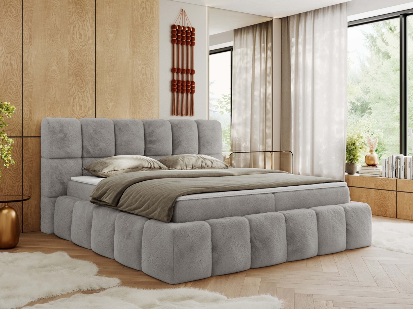 Boxspringbett mit dekorativem Kopfteil, Doppelbett mit zwei 7 Härtezonen Multipocket-Matratzen, Bettkästen, Polsterbett - NIRA - 200 x 200 cm - Hellgrau Stoff - H3 Bild 1