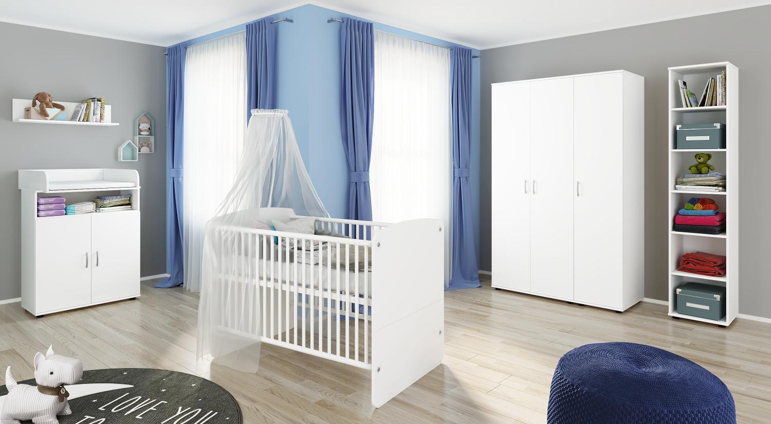 nonjoo Lunis Set 9: best. aus Babybett, Kommode, Wickelaufsatz, Wandboard, Regal mit 6 Fächern und Kleiderschrank 3-trg. Bild 1