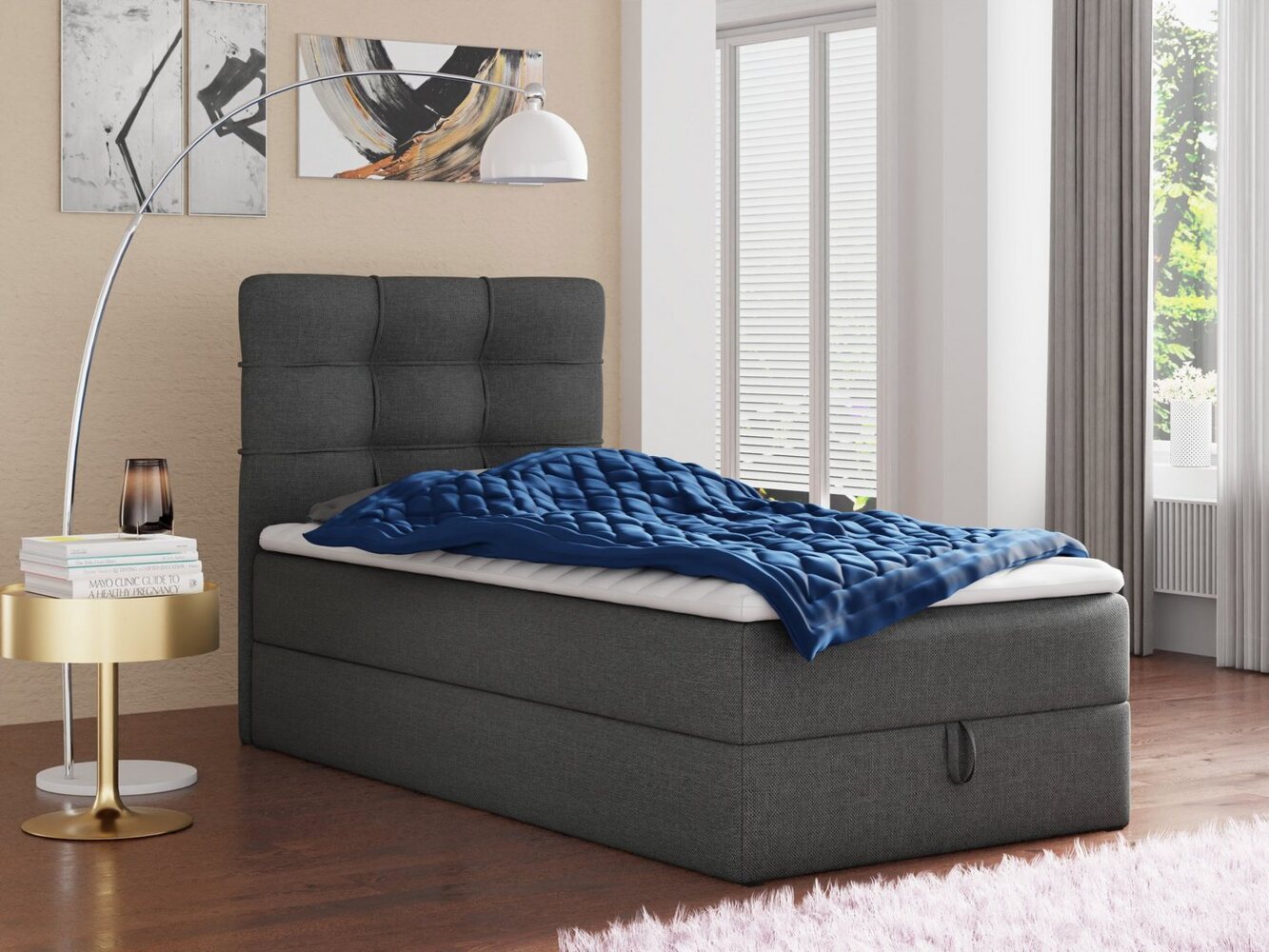 Boxspringbett Best Mini mit Bettkasten und Matratzentopper - Einzelbett mit Bonell-Matratze und Topper, Polsterbett, Bett, Schlafzimmer (120 x 200 cm, Graphit (Inari 94)) Bild 1