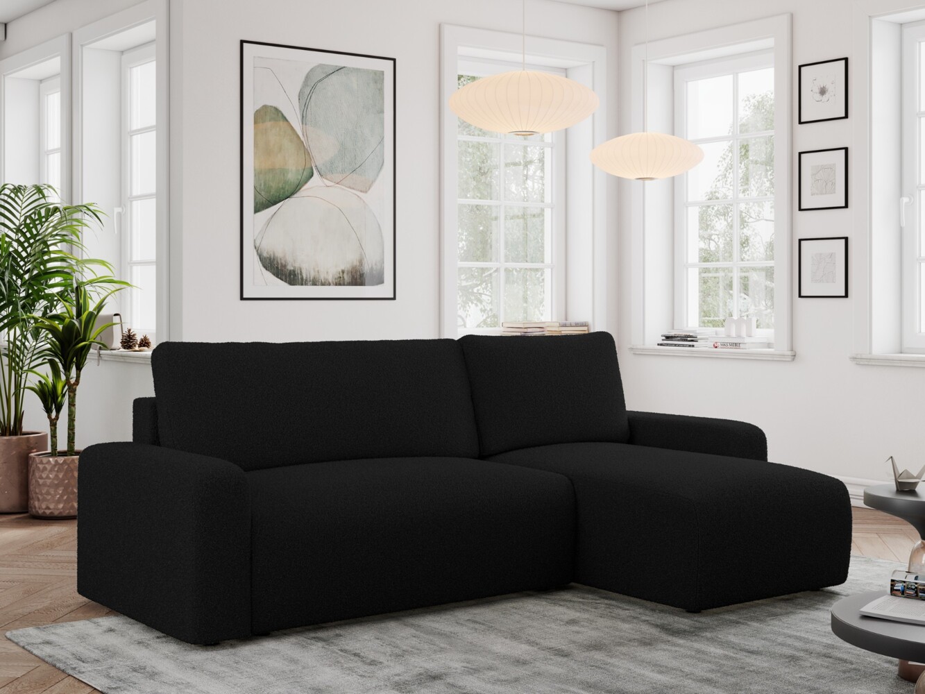 Ecksofa L-form, mit Schlaffunktion und Bettkasten - ARGOS, Schwarz, Boucle Bild 1
