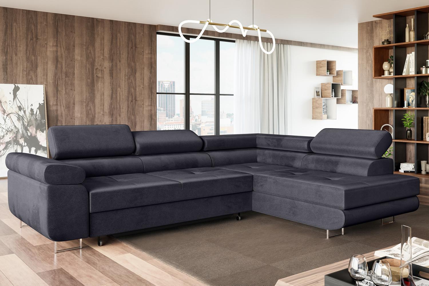 MEBLINI Schlafcouch mit Bettkasten - MALIBA - 277x203x63cm Rechts - Dunkelgrau Samt - Ecksofa mit Schlaffunktion - Sofa mit Relaxfunktion und Kopfstützen - Couch L-Form - Eckcouch - Wohnlandschaft Bild 1