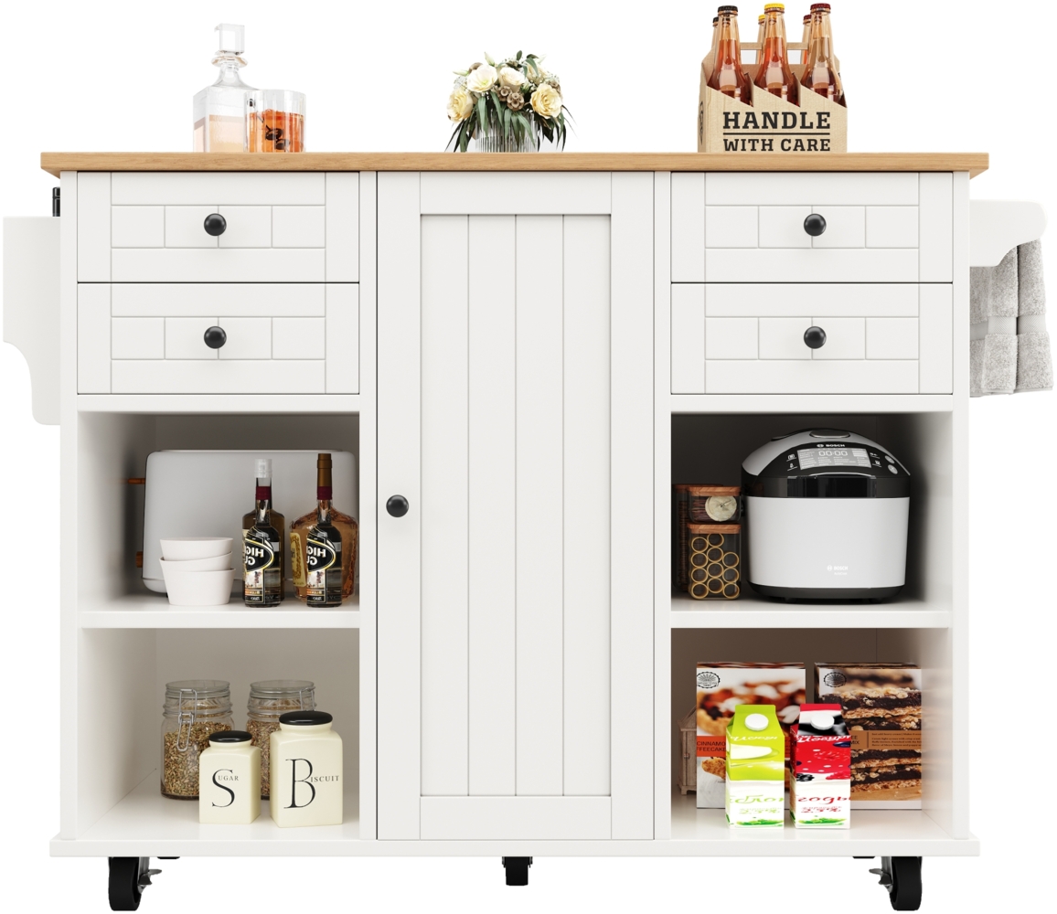 Merax Moderne Kücheninsel (127×46×91,5m) Küchenschrank Essschrank mit Holzmaserung Esswagen mit multifunktionalem Stauraum und herausnehmbaren Trennwänden, weiß Bild 1