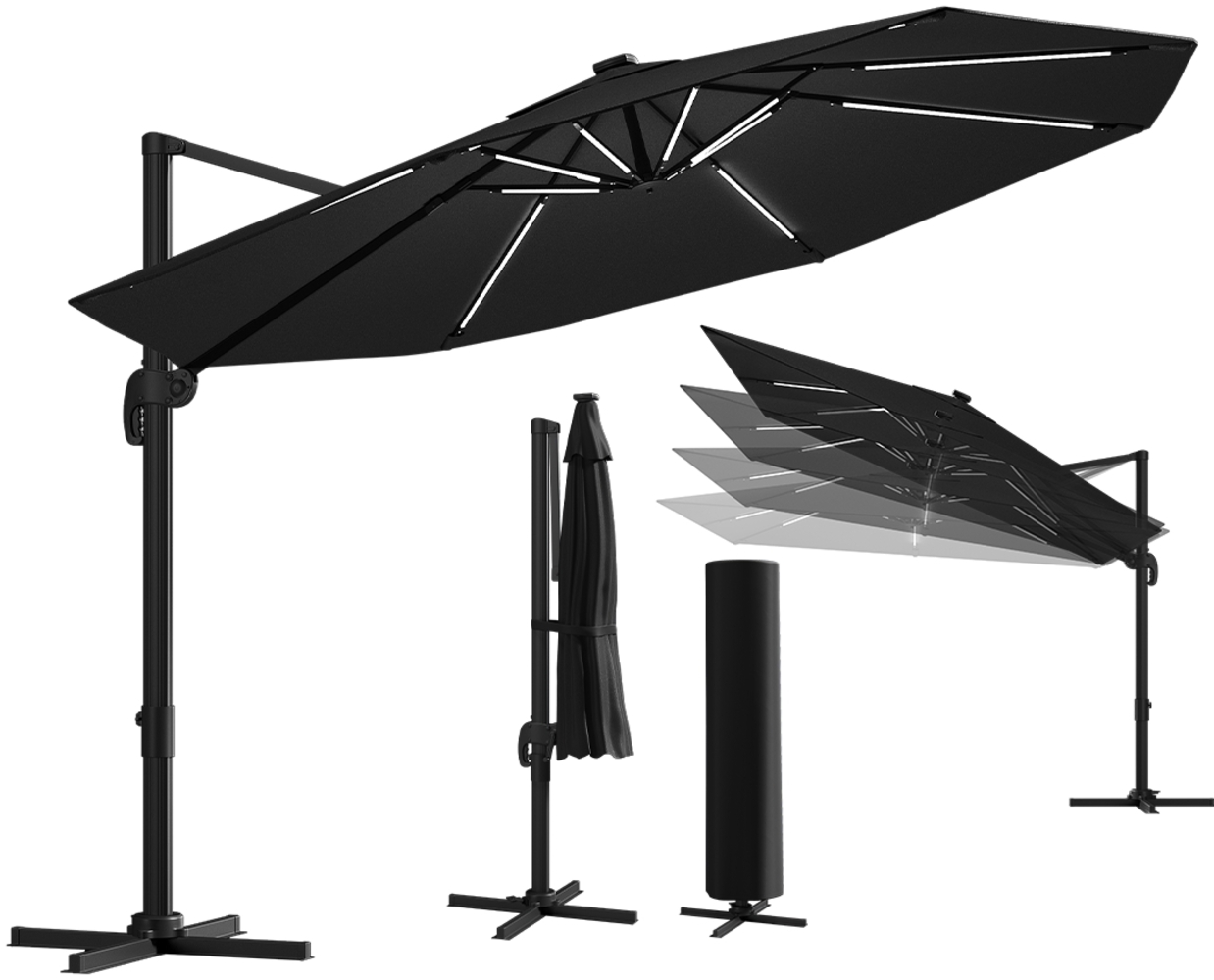 STEELSØN 'Lyrion' Sonnenschirm LED Solar 350x350 cm rund, neigbar und 360-Grad drehbar, schwarz, Ampelschirm inkl. Abdeckung, UV50+ Bild 1
