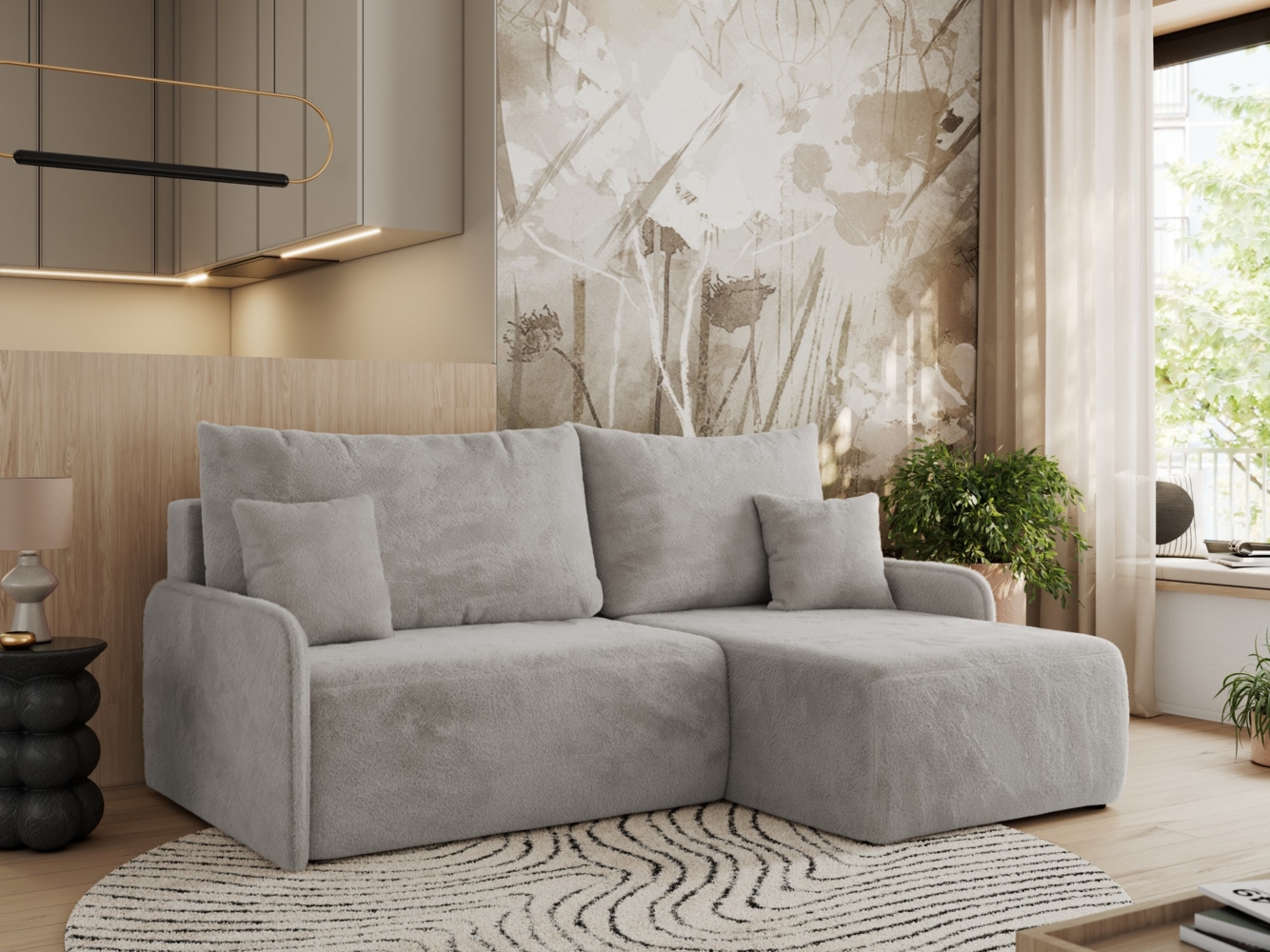 Ecksofa für das Wohnzimmer, mit losen Kissen, Schlaffunktion und Bettkästen, L-förmiges Ecksofa mit Armlehnen, Wellenfeder - ARPA - Hellgrau Plüschstoff - rechte Seite Bild 1