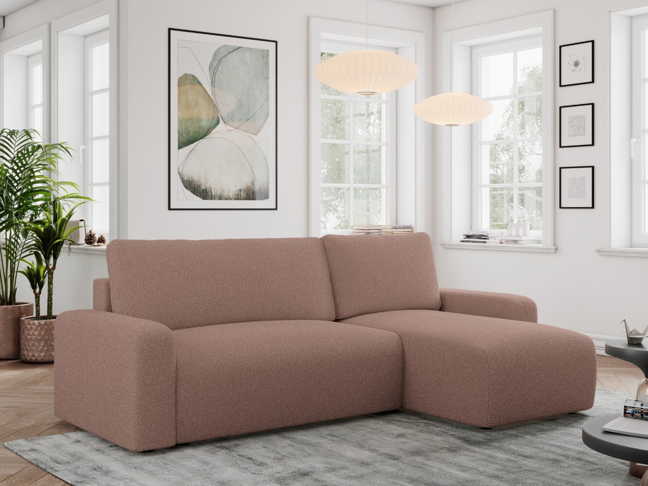 Ecksofa L-form, mit Schlaffunktion und Bettkasten - ARGOS, Rosa, Boucle Bild 1