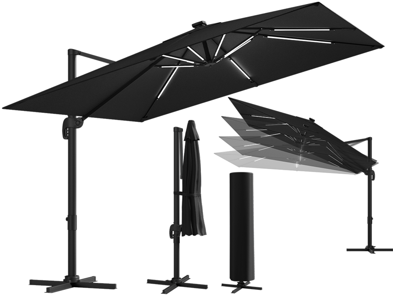 STEELSØN 'Lyrion' Sonnenschirm LED Solar 300x300 cm quadratisch, neigbar und 360-Grad drehbar, schwarz, Ampelschirm inkl. Abdeckung, UV50+ Bild 1
