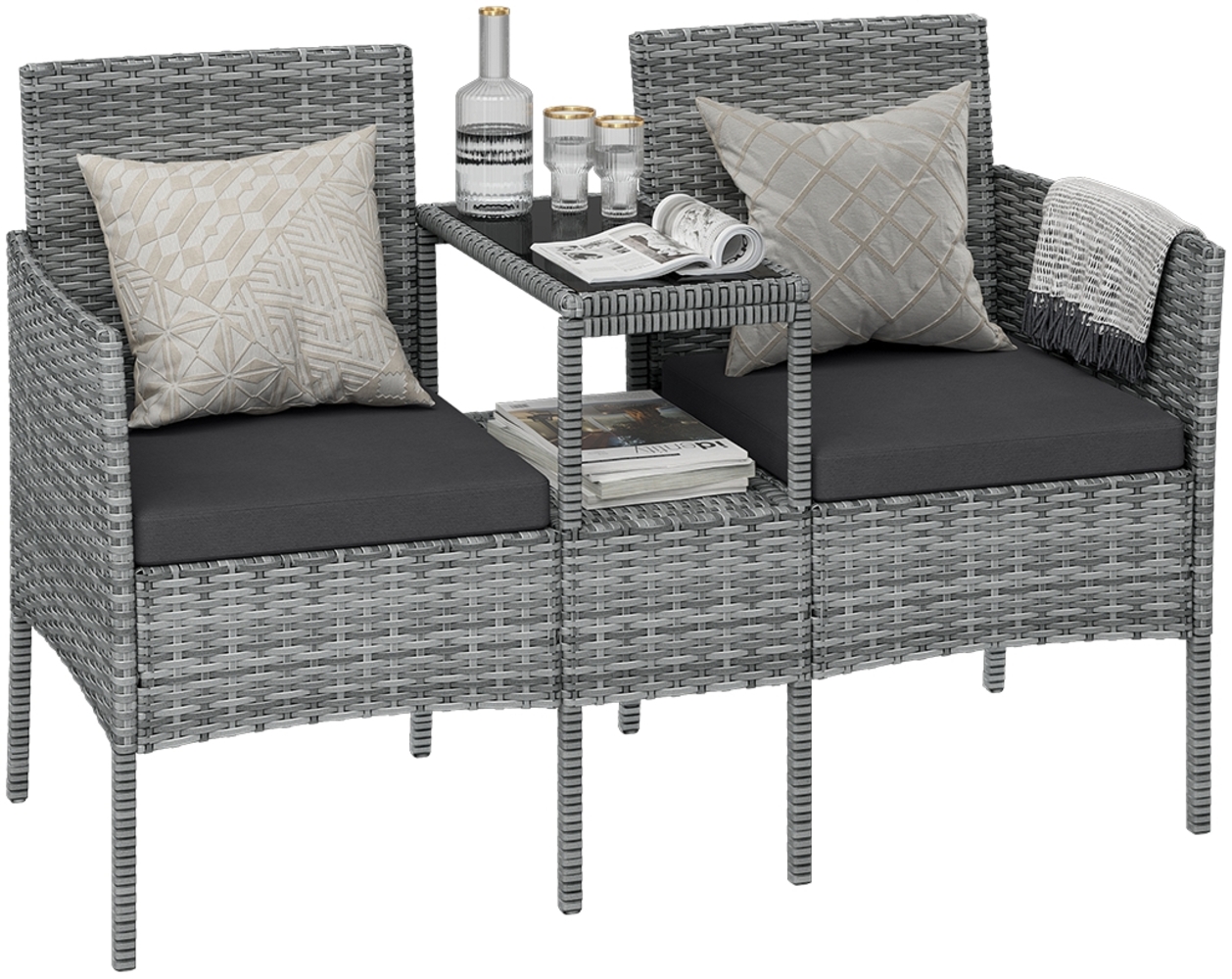 STEELSØN 'Velara' Polyrattan Gartenbank 2er-Sitzer mit Tisch, grau-meliert/anthrazit, 83x65x135 cm, wetterfest Bild 1