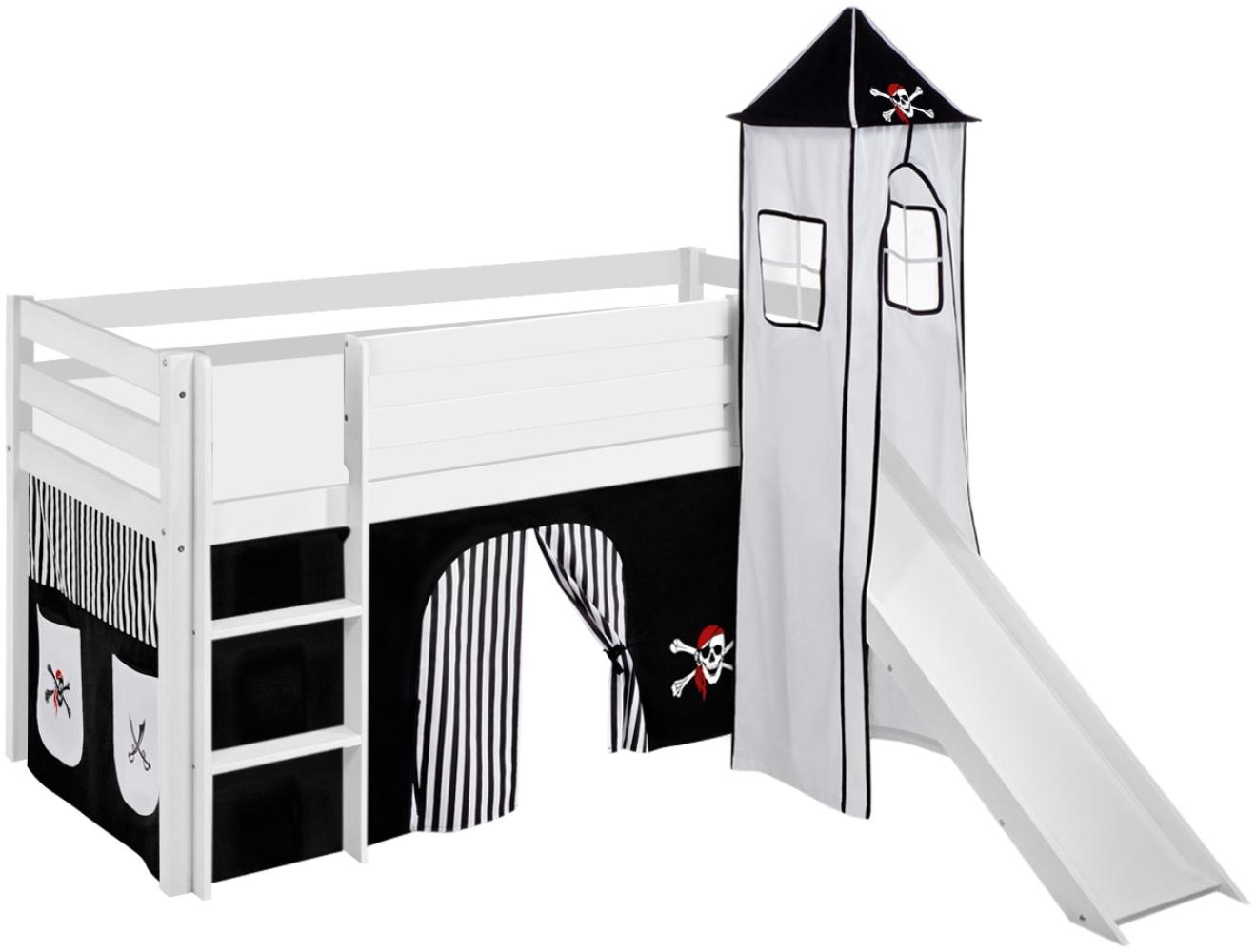 Lilokids 'Jelle' Spielbett 90x190 cm, Pirat Schwarz Weiß, Kiefer massiv, mit Turm, Rutsche und Vorhang Bild 1