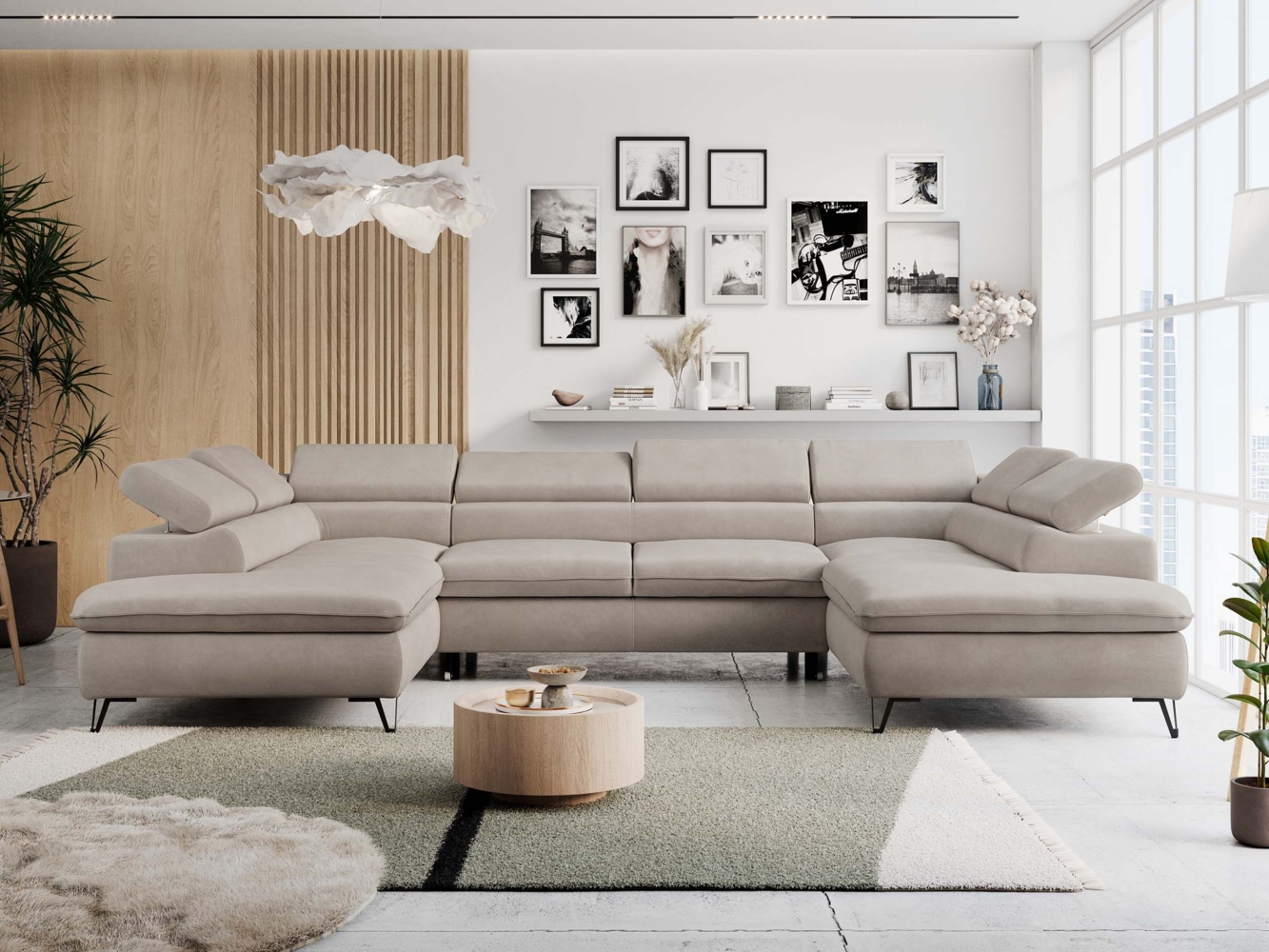 Mks Möbel 'Peter U' Wohnlandschaft mit Bettkasten, Bettfunktion & einstellbaren Kopfstützen, Beige, Mikrofaser, mit Topper Bild 1
