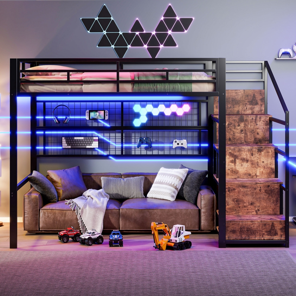 Merax Hochbett, kinderbett 140 x 200cm, mit LED-Leuchten Eisenrahmen, Kleiderschrank, Stauraumleiter, Freifläche unter dem Bett, ohne Matratze, Schwarz Bild 1