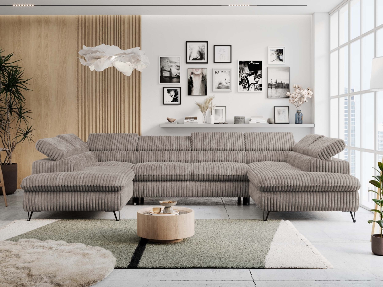 Mks Möbel 'Peter U' Wohnlandschaft mit Bettkasten, Bettfunktion & einstellbaren Kopfstützen, Hellbraun, Cord Bild 1