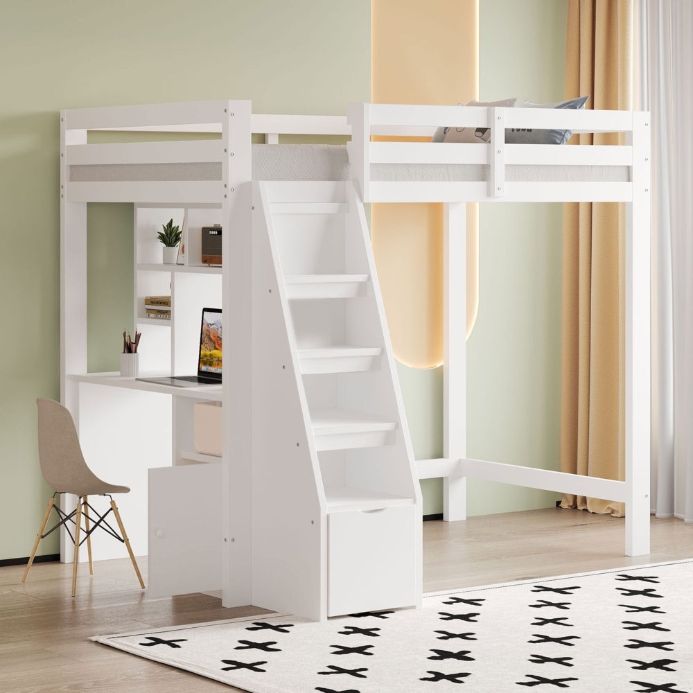 Merax Hochbett Kinderbett Einzelbett 90x200cm mit Stauraum-Treppe und Schreibtisch, weiß Bild 1