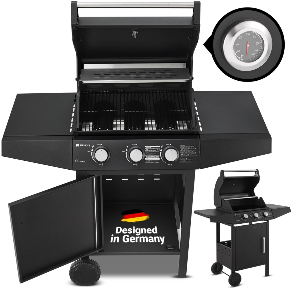 Juskys 'Louisiana' BBQ Gas-Grill, mit 3 Brenner, Thermometer, Warmhalterost & Seitenablagen, Stahl schwarz, 110 x 53 x 110 cm Bild 1