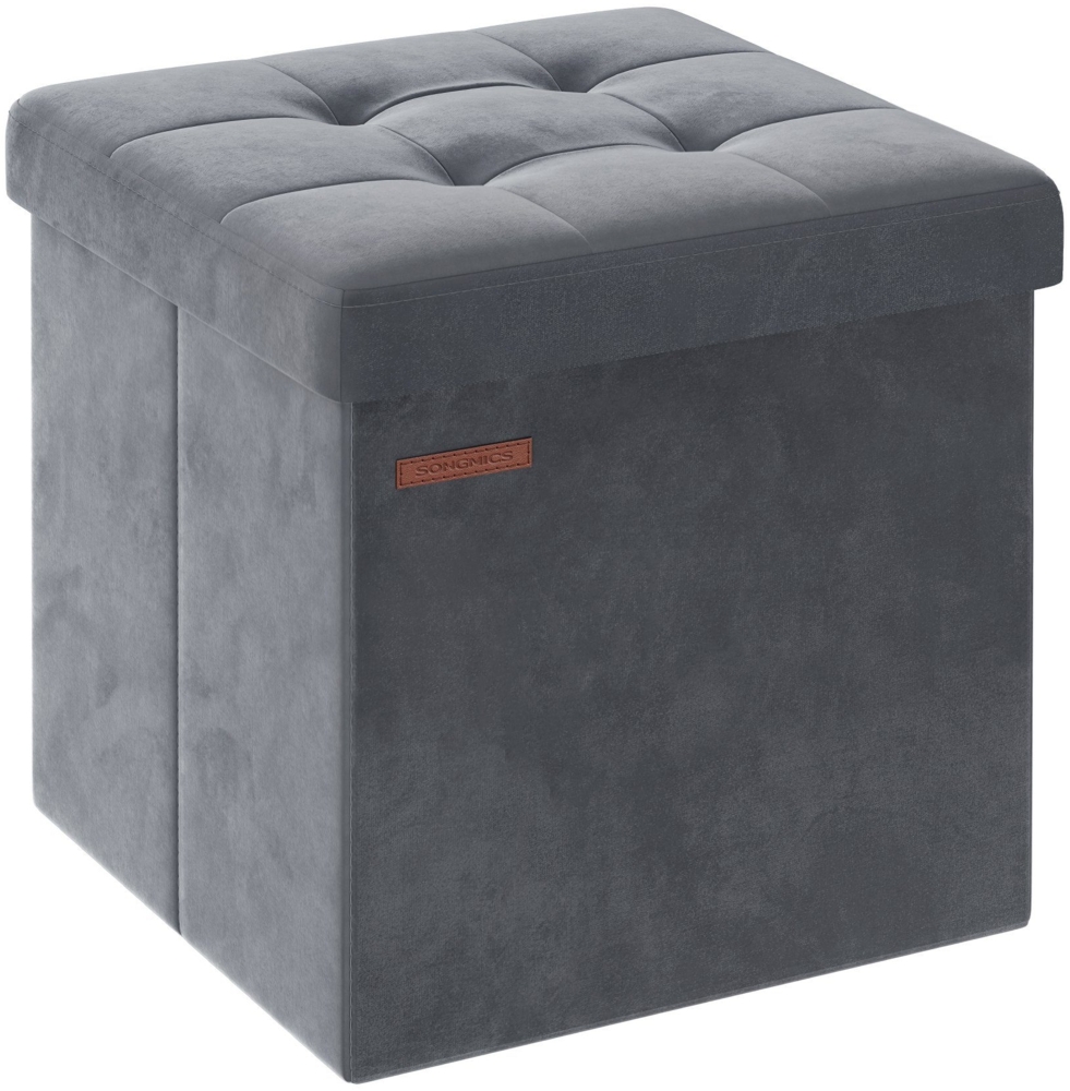 Songmics Sitzbank mit Stauraum aus Samt, klappbare Sitztruhe, Aufbewahrungsbox mit Deckel, Fußbank, 38 x 38 x 38 cm, bis 300 kg belastbar, für Flur, Wohnzimmer, Schlafzimmer, schiefergrau LSFDE227G01 Bild 1