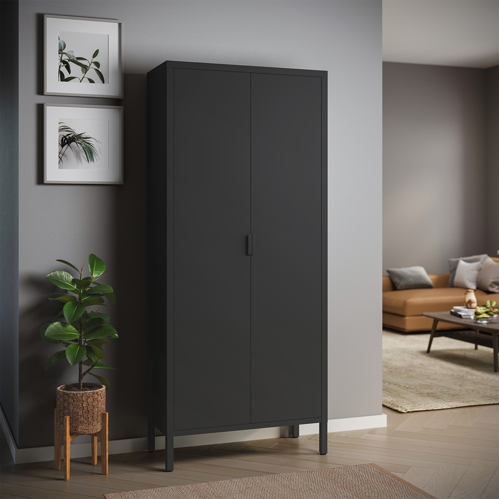 skølm 'Ituri' Kleiderschrank, Metall, 170x45x80 cm, schwarz, Garderobe mit 4 Fächern und 2 Kleiderstangen Bild 1