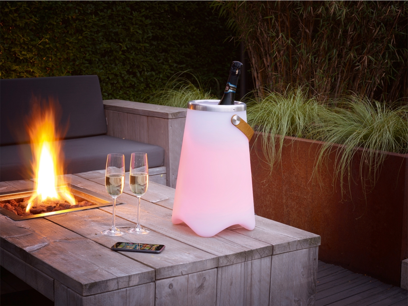 meineWunschleuchte 'Calloon' Tischlampe mit Farbwechsel, Bluetooth Lautsprecher & Weinkühler, Kunststoff weiß, Ø 24,5x38 cm Bild 1