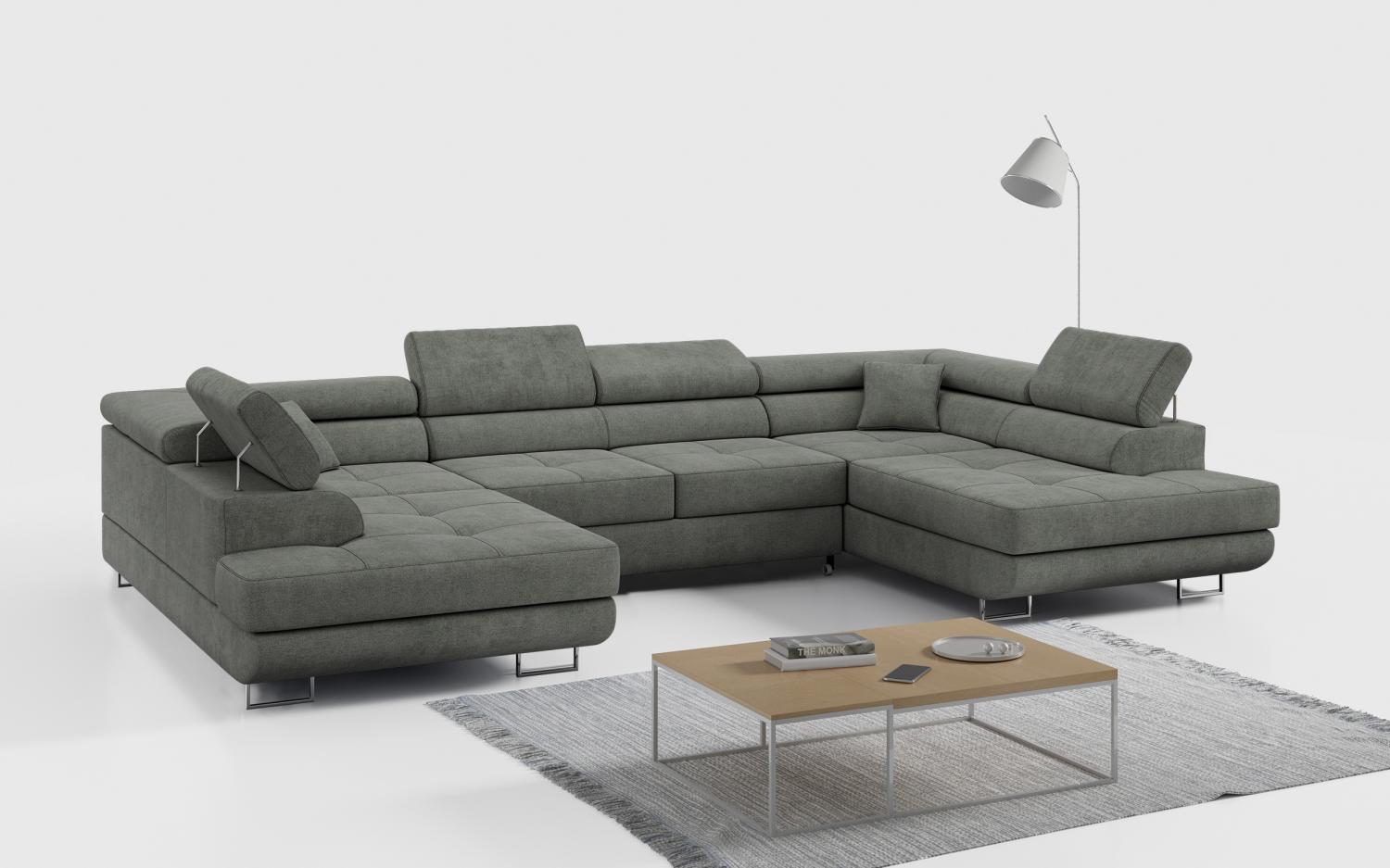 Ecksofa, Wohnzimmer U Couch, Polstersofa mit Bettkasten - GUSTAW-U - Grau Stoff Bild 1