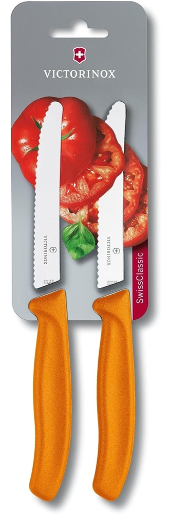 Victorinox Swiss Classic 2er Set Gemüsemesser mit Wellenschliff, 11 cm Klinge, Klingenschutz, Spülmaschinengeeignet, orange Bild 1