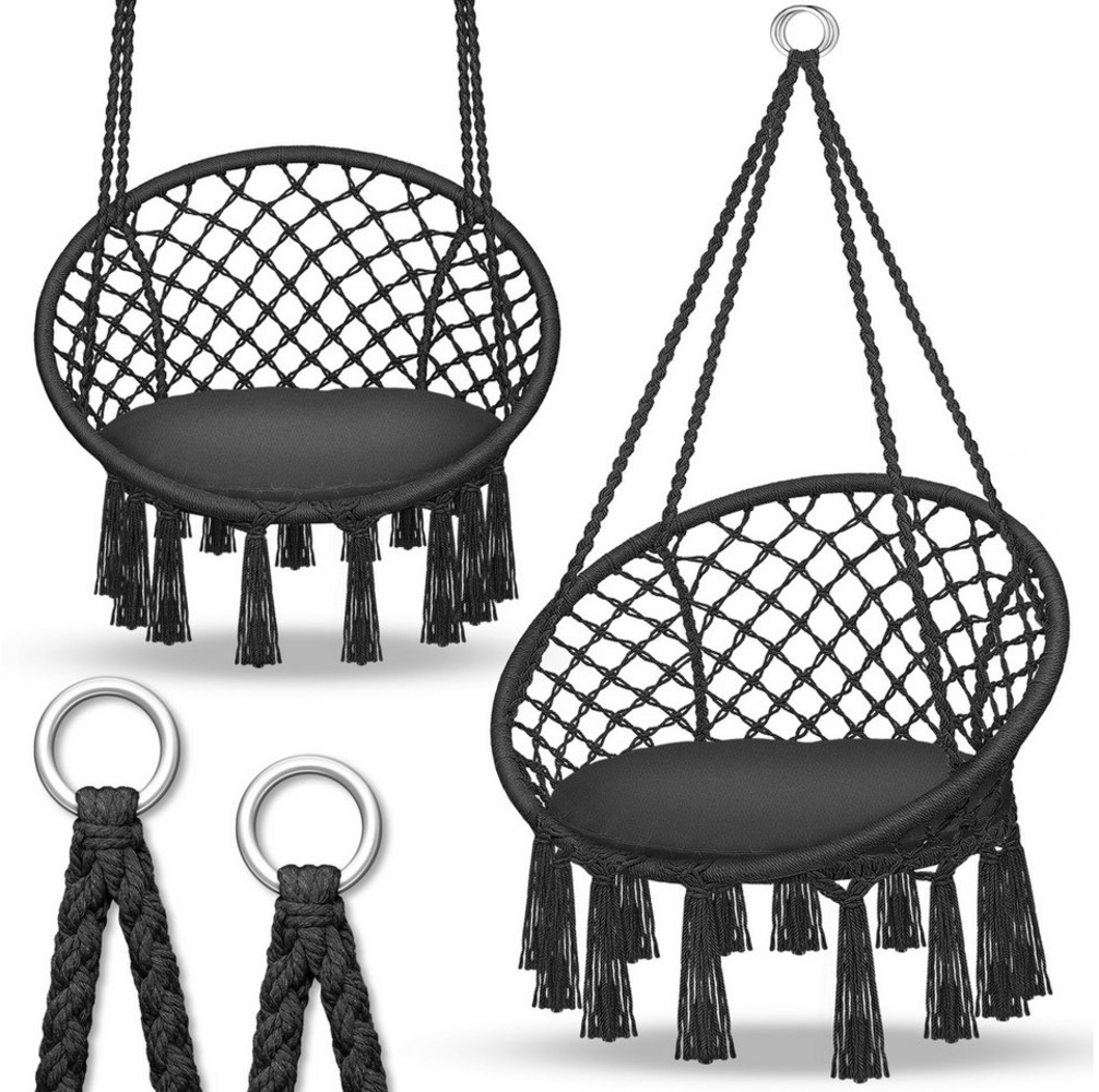 tillvex Hängesessel Schwarz 200kg zum Aufhängen | Hängestuhl Indoor & Outdoor | Hängekorb wetterfest | Schaukelkorb mit Kissen Bild 1