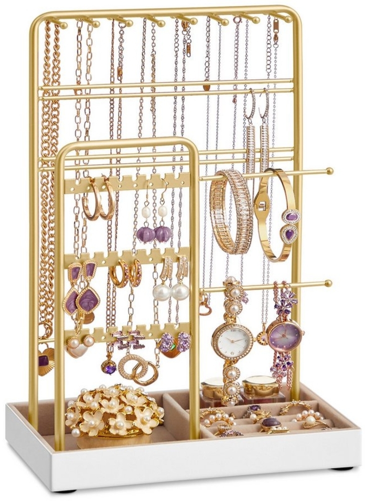 SONGMICS Schmuckständer, Schmuckhalter, Metallrahmen, Schmucktablett Samt, Schmuckaufbewahrung für Halsketten Armbänder Ohrringe Ohrstecker Ringe, Geschenkidee, Weihnachten, goldfarben JJSDE021A01V1 Bild 1