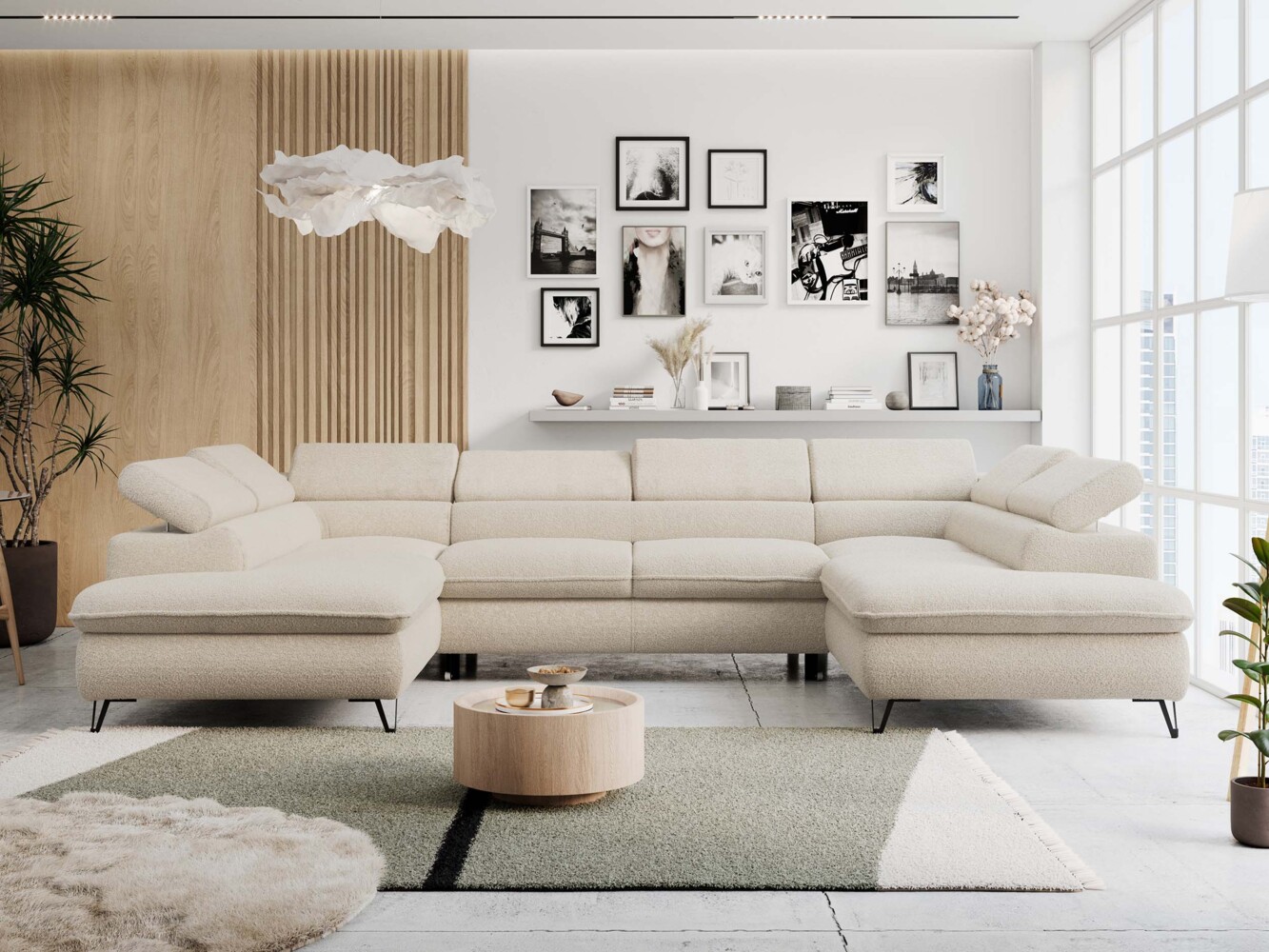 Mks Möbel 'Peter U' Wohnlandschaft mit Bettkasten, Bettfunktion & einstellbaren Kopfstützen, Beige, Boucle Bild 1