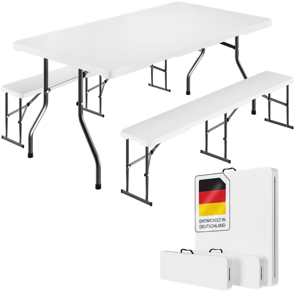 STEELSØN 'Zennar' Gartenmöbel-Set für 8 Personen, Sitzgruppe aus Gartentisch und 2x Gartenbank, zusammenklappbar, weiß, wetterfest, inkl. Tragegriff 1 Stück Bild 1