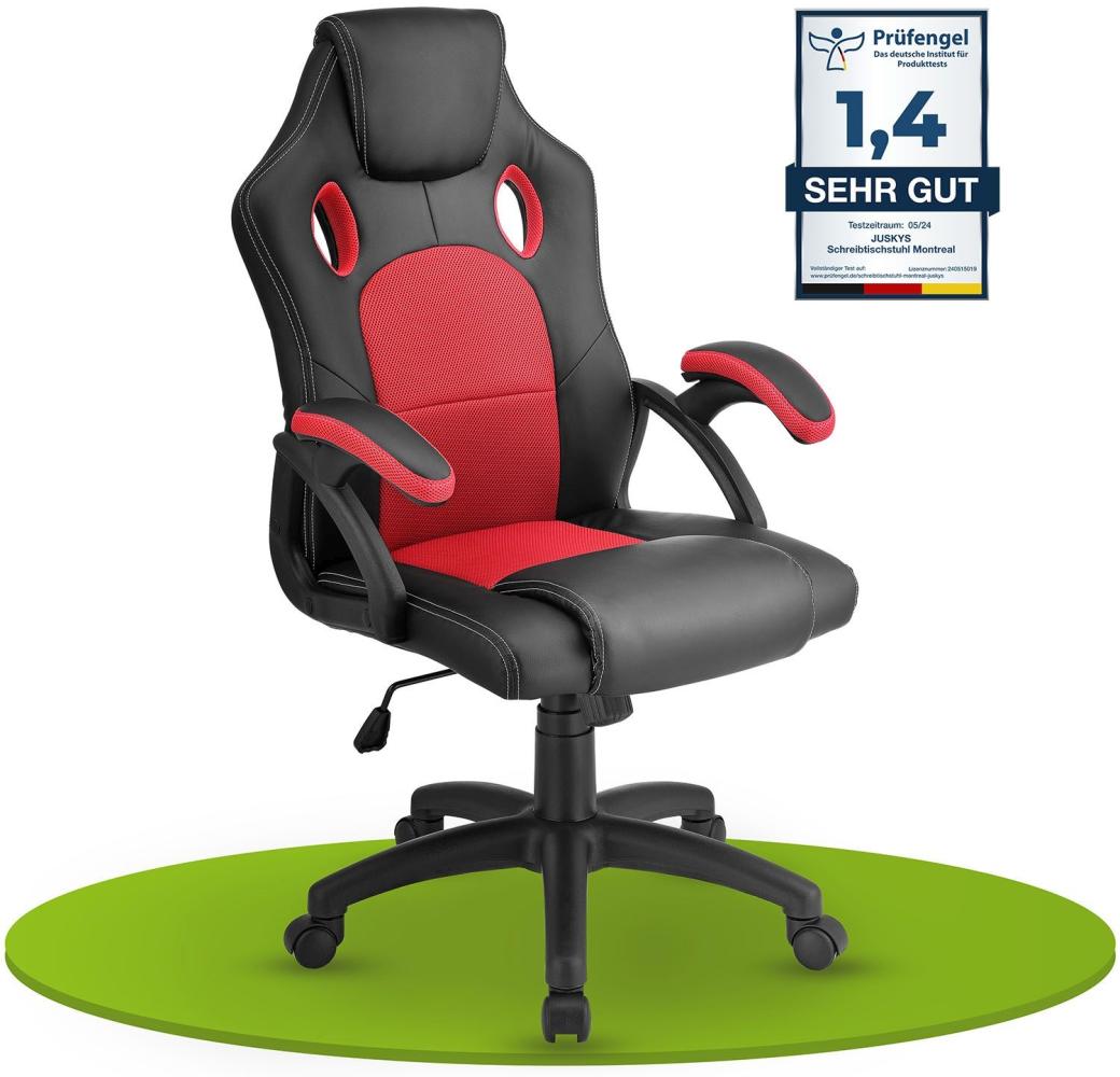 Juskys Racing Schreibtischstuhl Montreal (rot) ergonomisch, höhenverstellbar & gepolstert, bis 120 kg - Bürostuhl Drehstuhl PC Gaming Stuhl Bild 1