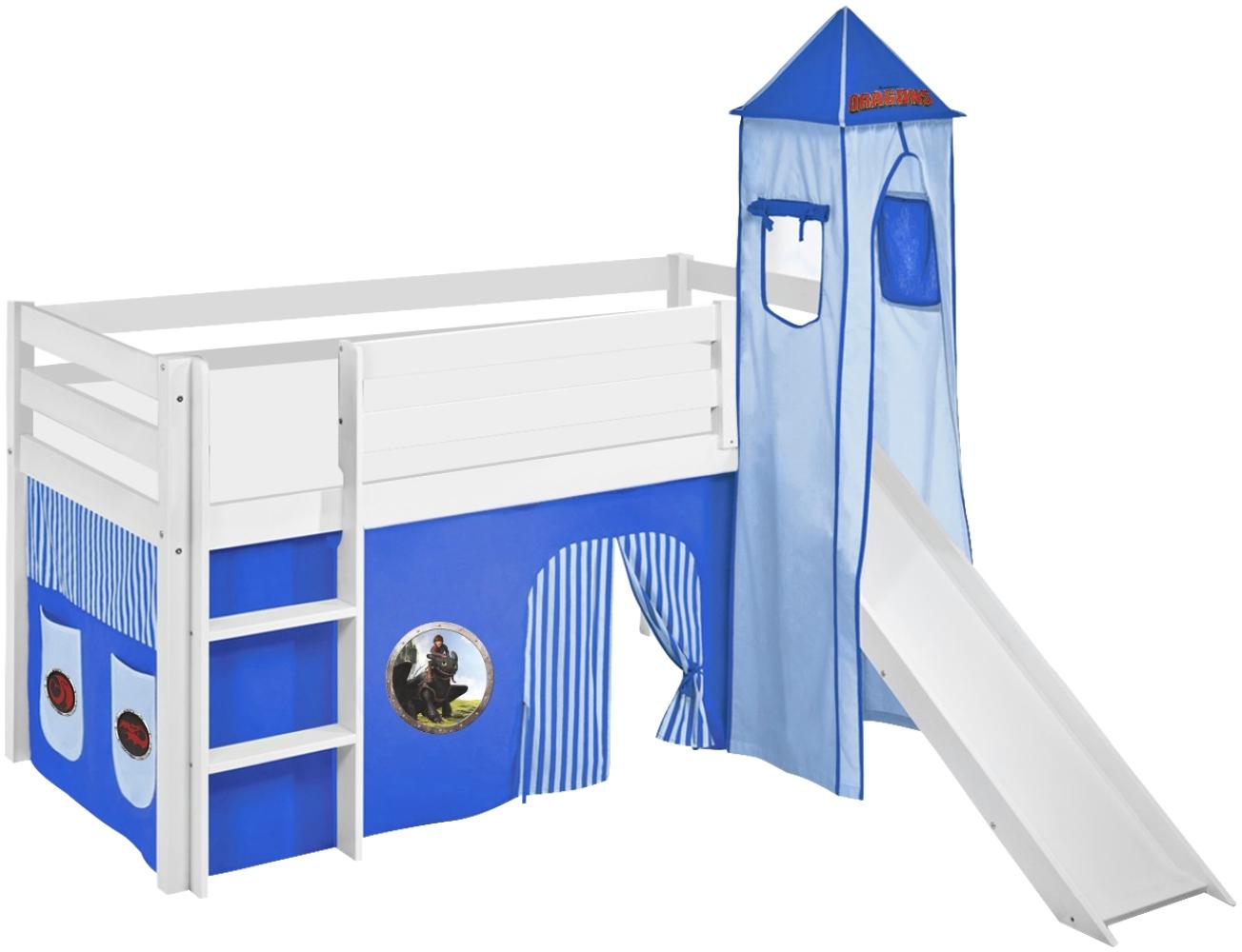 Lilokids 'Jelle' Spielbett 90x190 cm, Dragons Blau, Kiefer massiv, mit Turm, Rutsche und Vorhang Bild 1