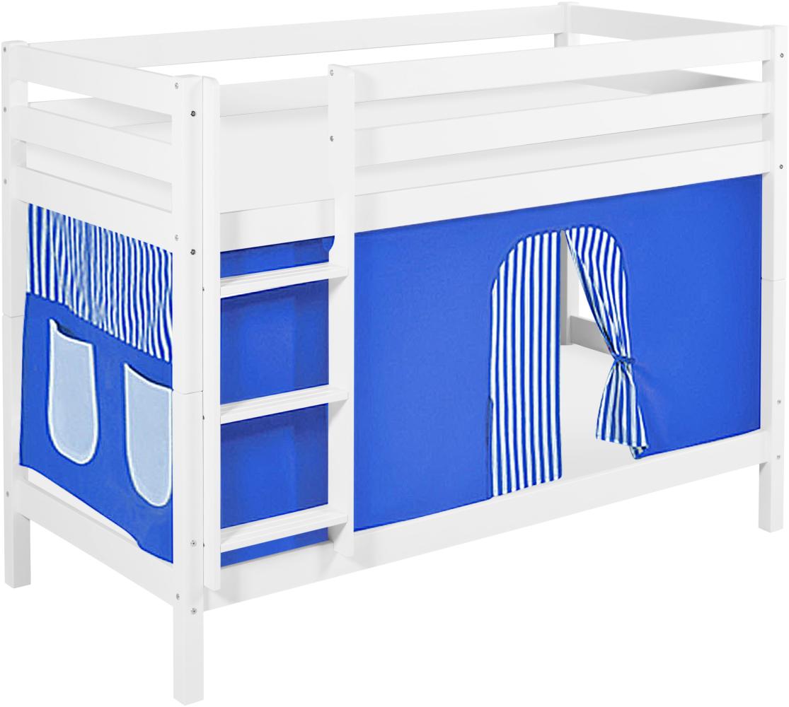 Lilokids 'Jelle' Etagenbett 90x200 cm, Blau, Kiefer massiv, mit Vorhang und Lattenroste Bild 1