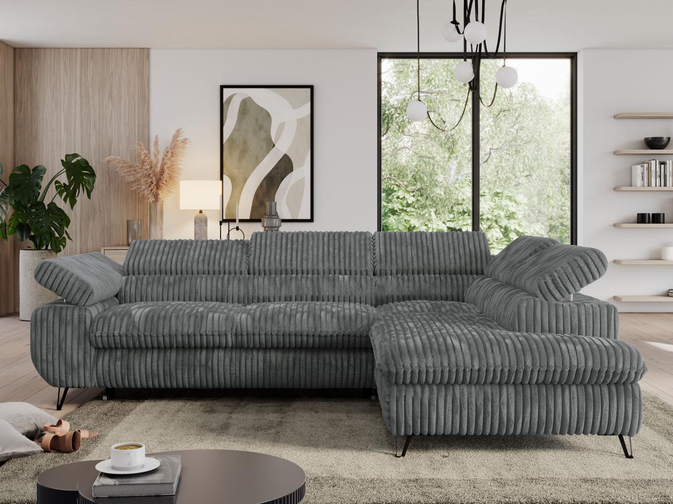 Mks Möbel 'Pedro L-Form' Ecksofa mit Schlaffunktion, verstellbaren Kopfstützen & Bettkasten, Dunkelgrau, Cord, rechts Bild 1