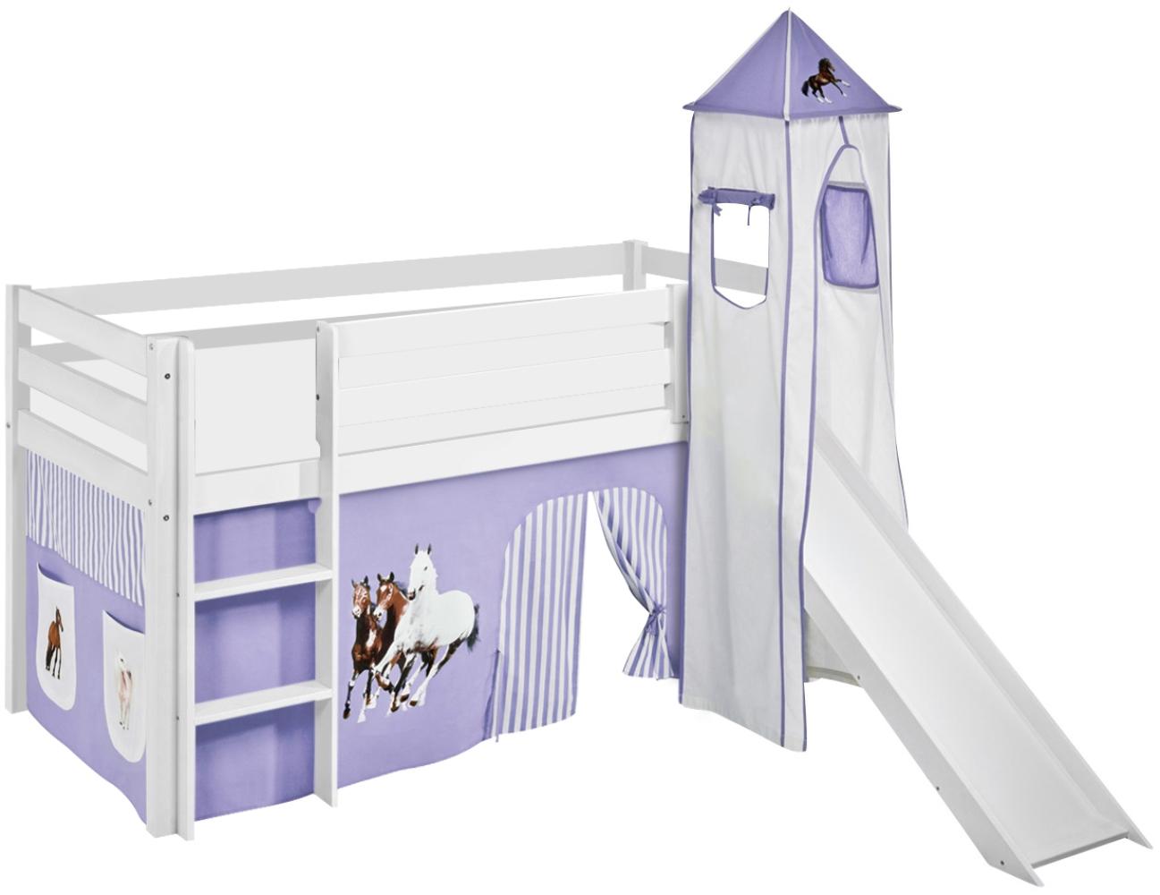 Lilokids 'Jelle' Spielbett 90x190 cm, Pferde Lila Beige, Kiefer massiv, mit Turm, Rutsche und Vorhang Bild 1