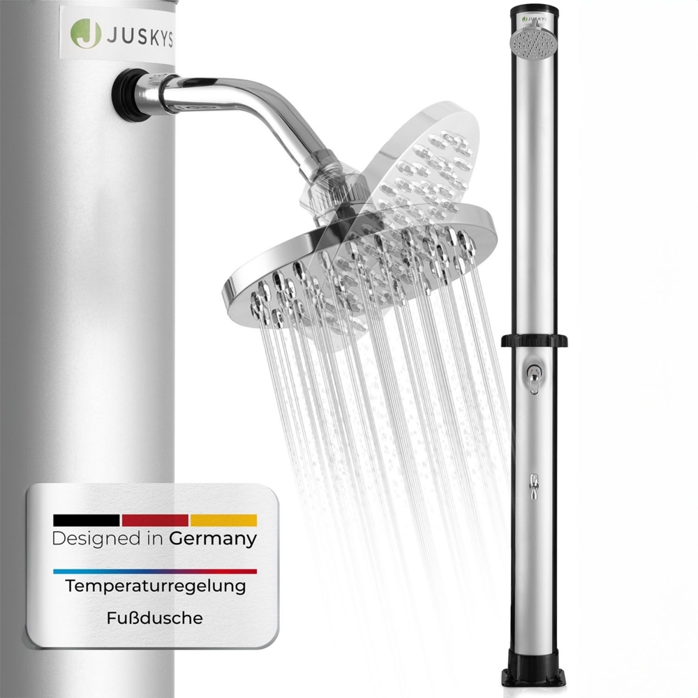 Juskys Solardusche Victoria 40 Liter - 225 cm - bis 60°C – mit schwenkbarem Duschkopf, Fußdusche & Gartenschlauch Anschluss Gartendusche Außendusche Bild 1
