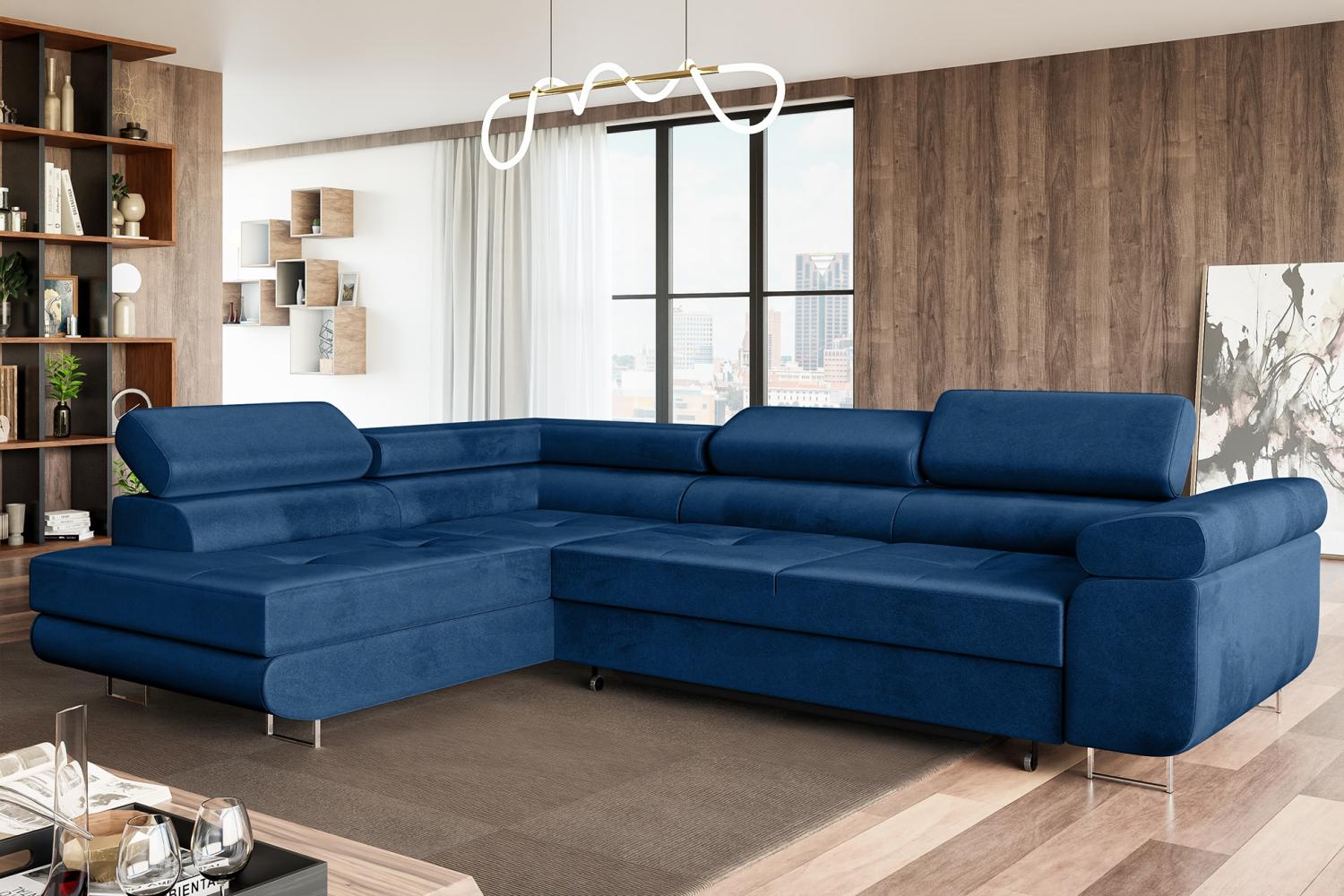 MEBLINI Schlafcouch mit Bettkasten - MALIBA - 277x203x63cm Links - Blau Samt - Ecksofa mit Schlaffunktion - Sofa mit Relaxfunktion und Kopfstützen - Couch L-Form - Eckcouch - Wohnlandschaft Bild 1