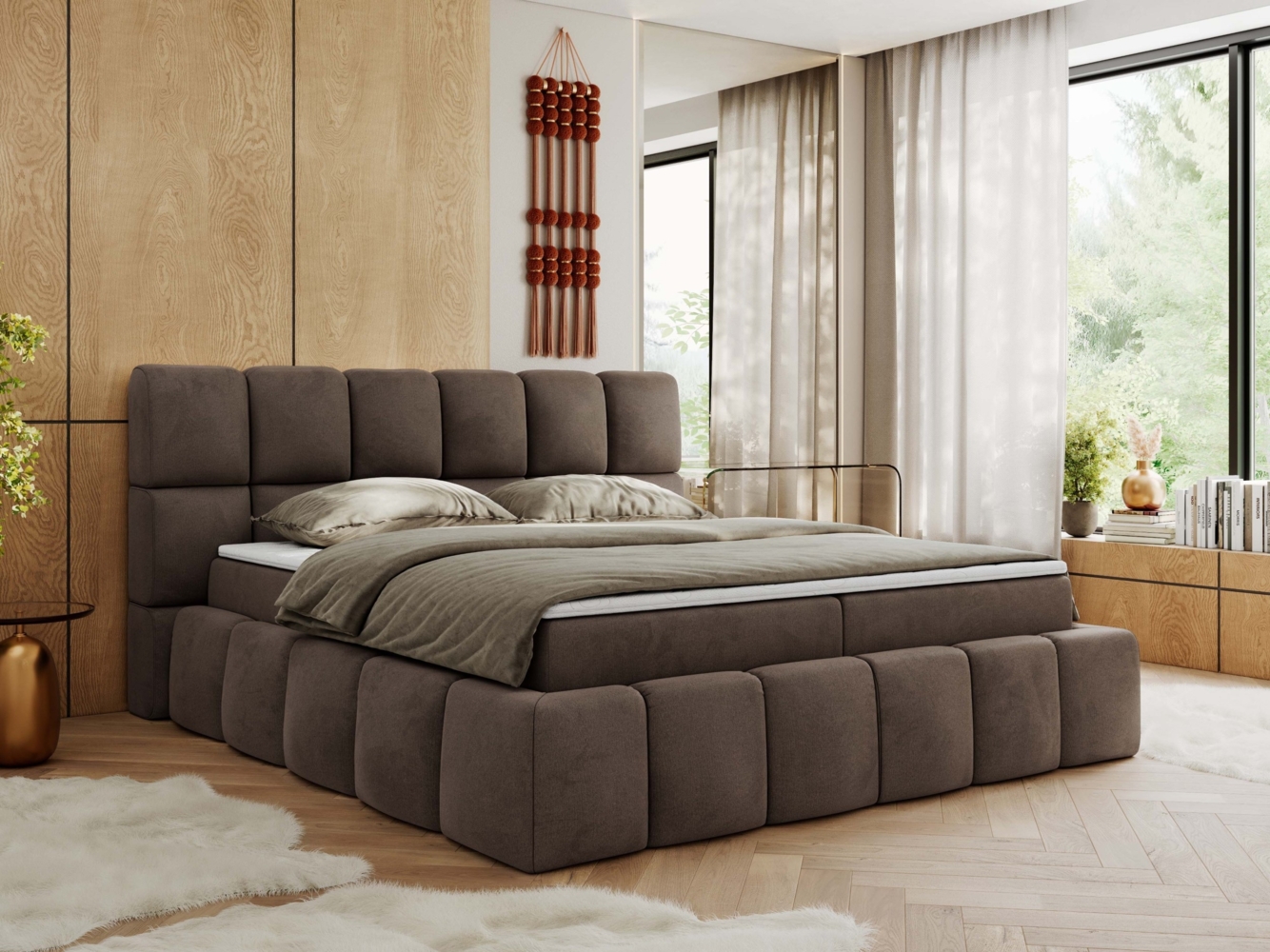 Boxspringbett mit dekorativem Kopfteil, Doppelbett mit zwei 7 Härtezonen Multipocket-Matratzen, Bettkästen, Polsterbett - NIRA - 200 x 200 cm - Braun Velours - H4 Bild 1