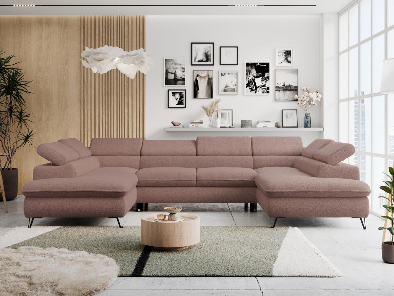Mks Möbel 'Peter U' Wohnlandschaft mit Bettkasten, Bettfunktion & einstellbaren Kopfstützen, Rosa, Boucle Bild 1