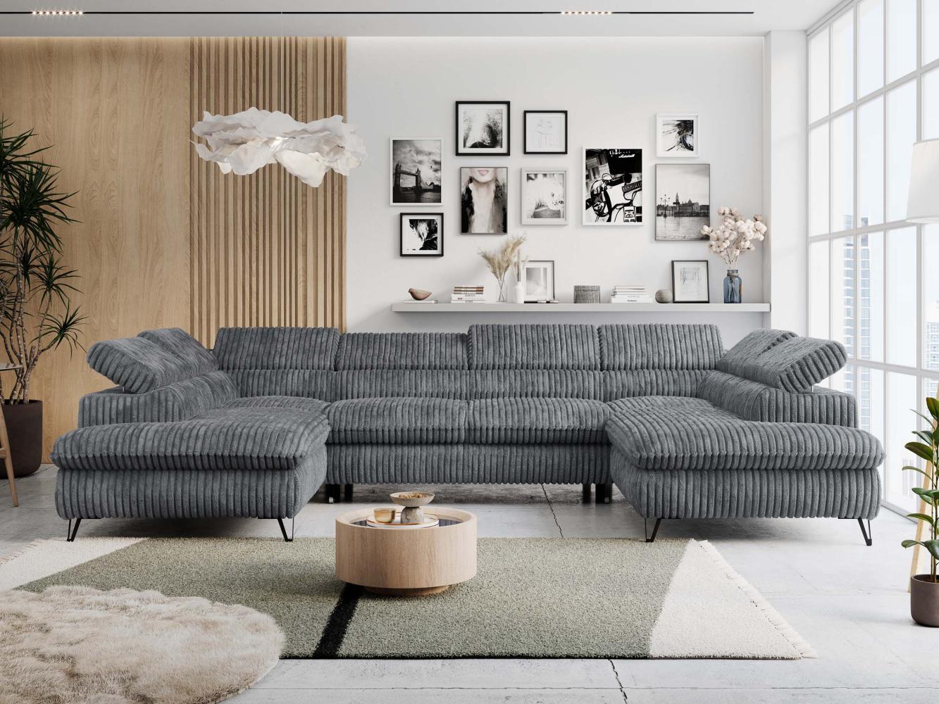Mks Möbel 'Peter U' Wohnlandschaft mit Bettkasten, Bettfunktion & einstellbaren Kopfstützen, Dunkelgrau, Cord, 76 x 208 x 346 cm Bild 1