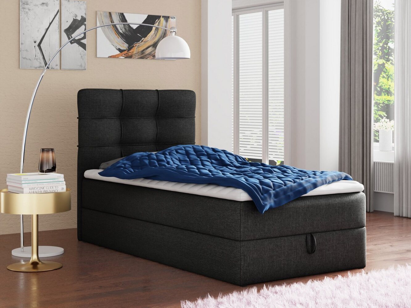 Boxspringbett Best Mini mit Bettkasten und Matratzentopper - Einzelbett mit Bonell-Matratze und Topper, Polsterbett, Bett, Schlafzimmer (120 x 200 cm, Schwarz (Inari 100)) Bild 1