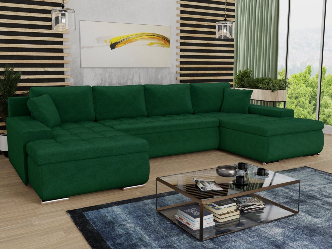 Wohnlandschaft mit Schlaffunktion Faris U-Form - Couch, Schlafsofa mit Bettkasten, Couchgranitur mit Bettfunktion, Big Sofa, Bettsofa (Grün (Kronos 19)) Bild 1