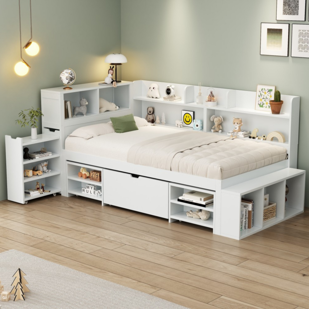 Merax Kinderbett mit Schubladen, Bücherregal & Stauschrank, mit Lattenrost, ohne Matratze, Plywood weiß, 90 x 200 cm Bild 1