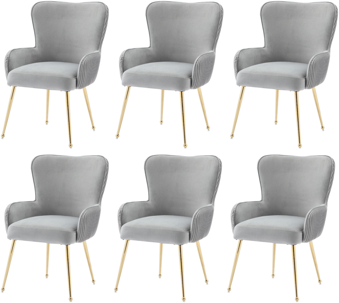 Merax Samt-Esszimmerstuhl, 6er-Set, Wohnzimmer, Schlafzimmer, Lounge-Stuhl mit vier Goldene Metallstützbeinen, Mit Armlehnen und verstellbaren Füßen, Lendenwirbelstütze, grau Bild 1