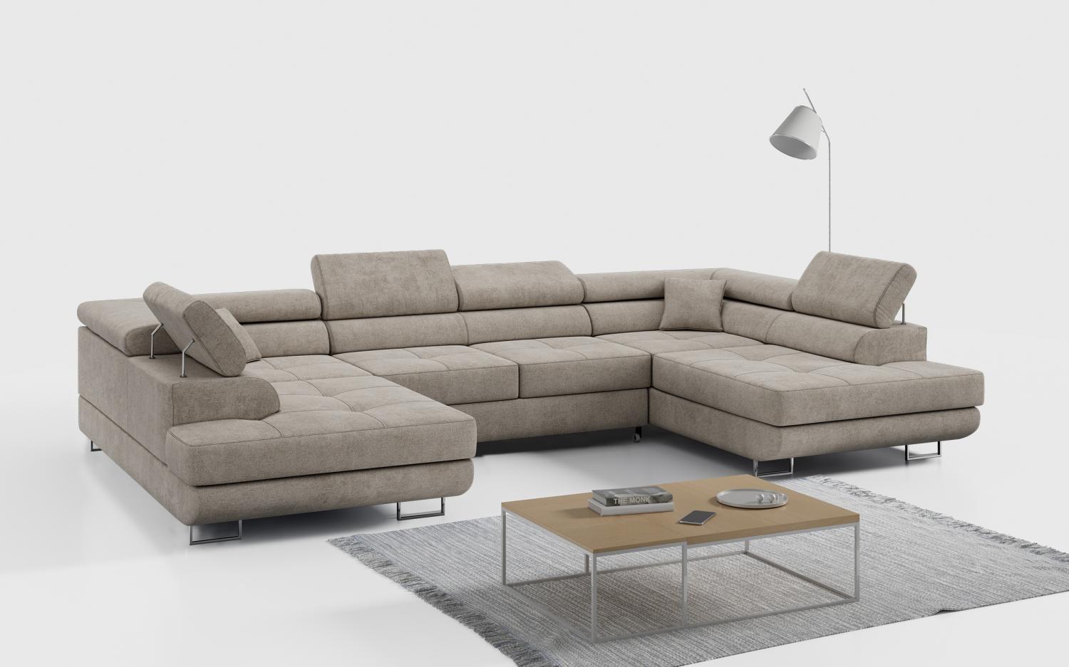 Ecksofa, Wohnzimmer U Couch, Polstersofa mit Bettkasten - GUSTAW-U - Beige Stoff Bild 1